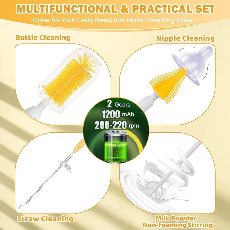 IvyWind Electric Travel Baby Bottle Brush Set with Storage Box, Automatic Bottle Cleaner Brush Kit with Silicone Bottle/Nipple/Straw Brush,Milk Frother Electric and Drainage Rack, Rechargeable, Yellow - Image 3